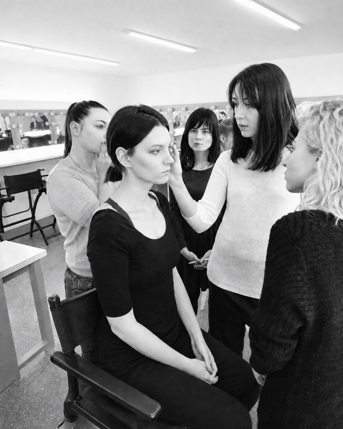Elena Potapenko durante una masterclass di trucco, al lavoro con una studentessa davanti a un piccolo gruppo