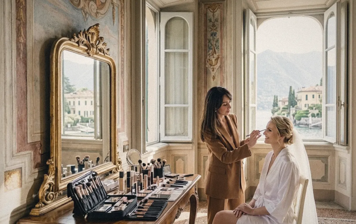 Maquillage de mariée dans un salon de villa aux fresques, le lac à la fenêtre
