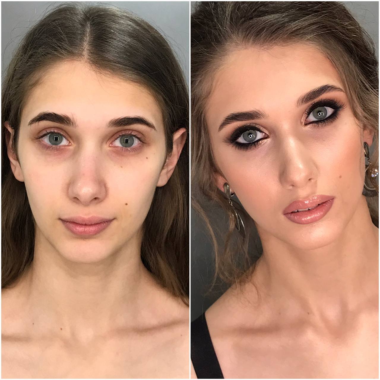 Prima e dopo: trasformazione con trucco smoky occhi neri drammatico