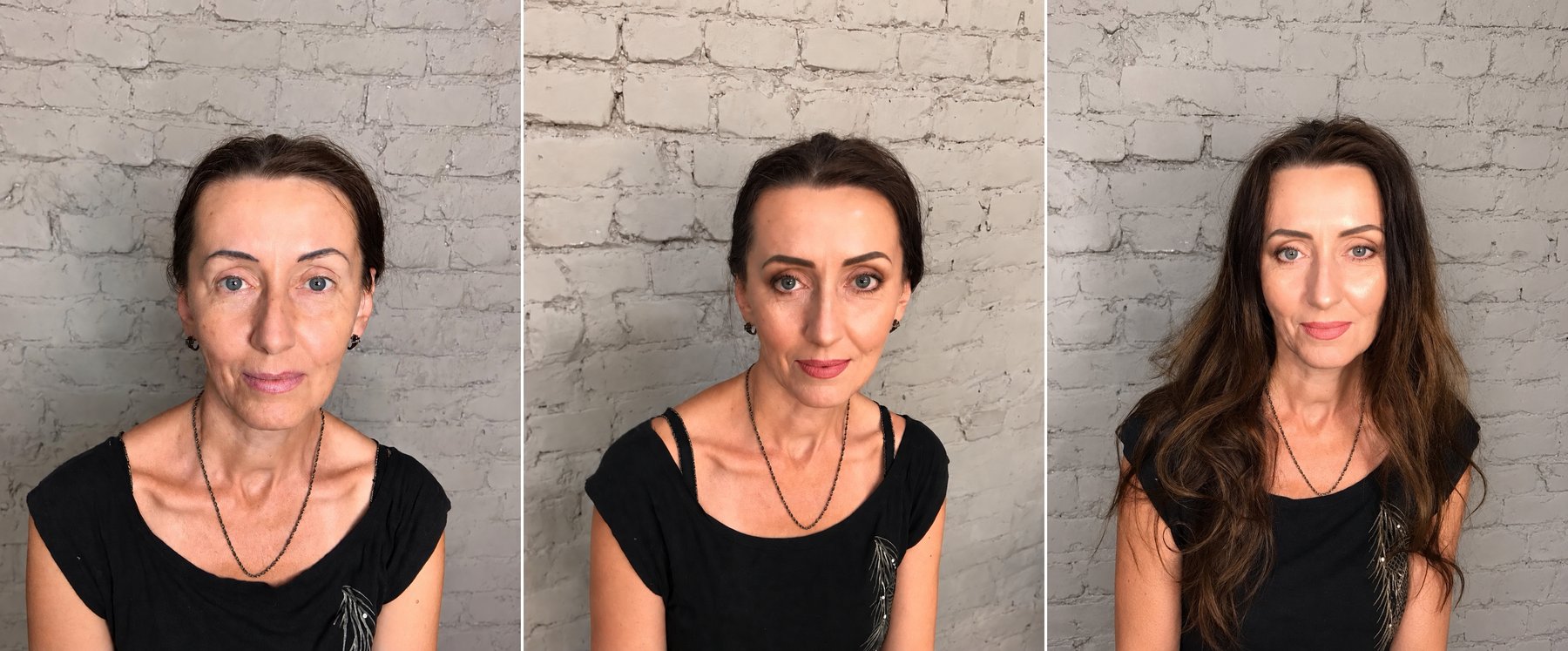 Prima e dopo: trucco glam naturale, con due varianti di acconciatura — capelli raccolti e sciolti