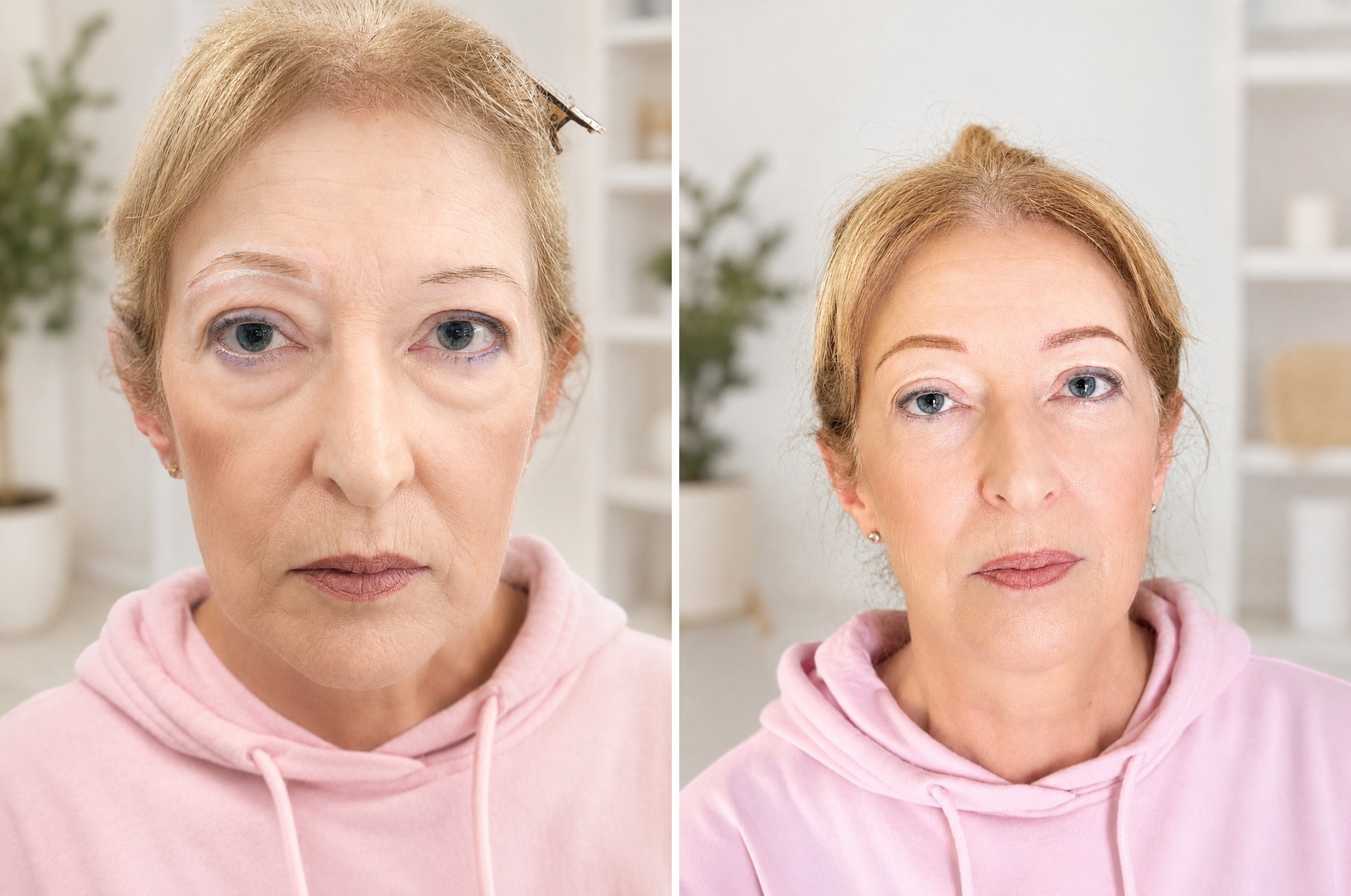 Avant/après : transformation sourcils poudrés, forme naturelle et définie