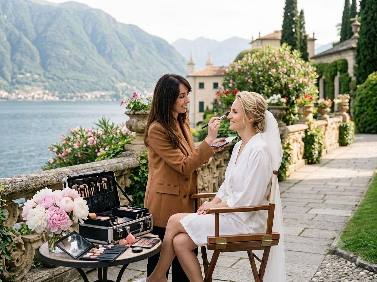Elena applique le maquillage de mariée sur une terrasse au bord du lac de Côme, avec les montagnes en arrière-plan