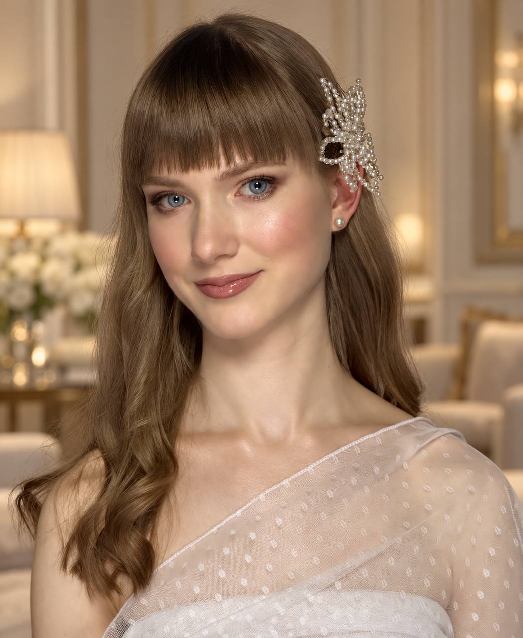 Mariée avec frange souple et barrette perlée, souriante dans une robe portefeuille en tulle à pois dans un intérieur élégant, maquillage et coiffure de mariée par Elena Potapenko